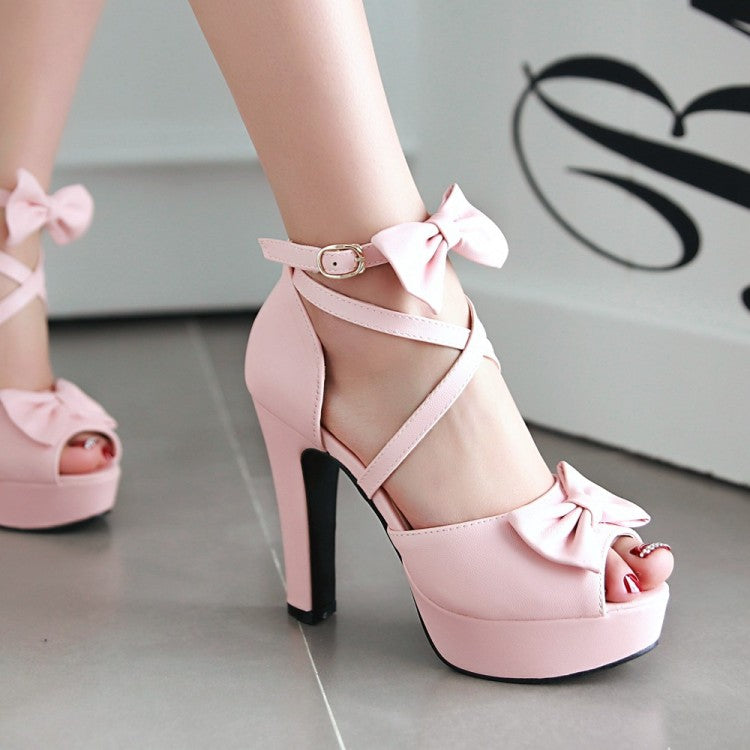 Ladies Solid Color Peep Toe Butterfly Knot Cross Ankle Strap High Heel Platform Sandals