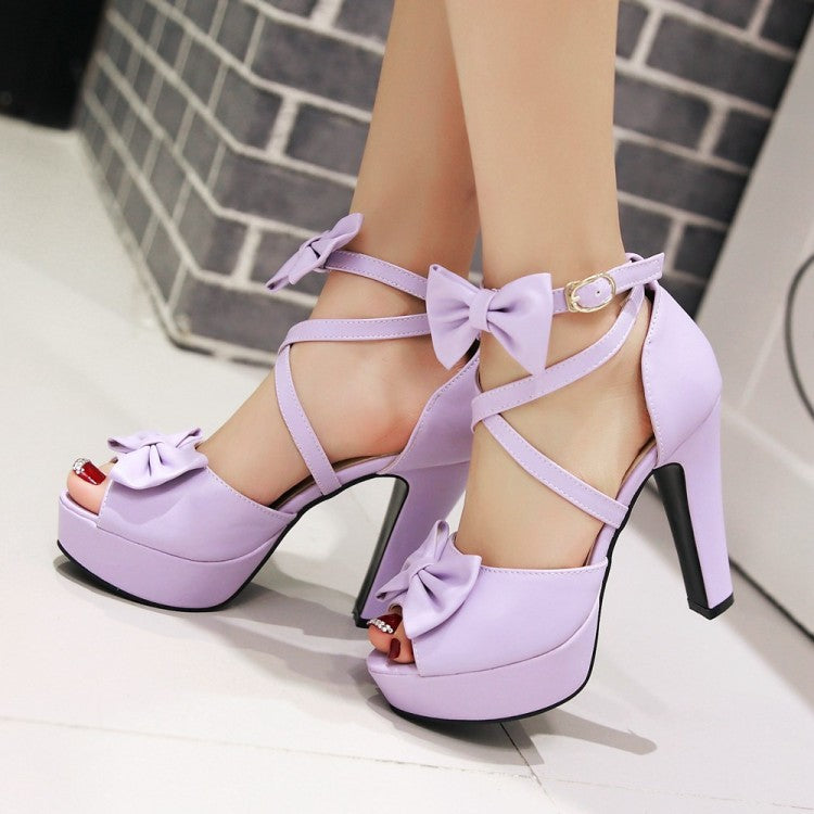 Ladies Solid Color Peep Toe Butterfly Knot Cross Ankle Strap High Heel Platform Sandals