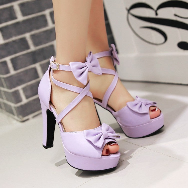 Ladies Solid Color Peep Toe Butterfly Knot Cross Ankle Strap High Heel Platform Sandals