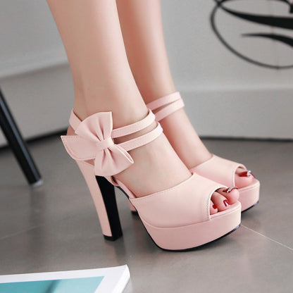 Ladies Solid Color Double Ankle Strap Butterfly Knot High Heel Platform Sandals