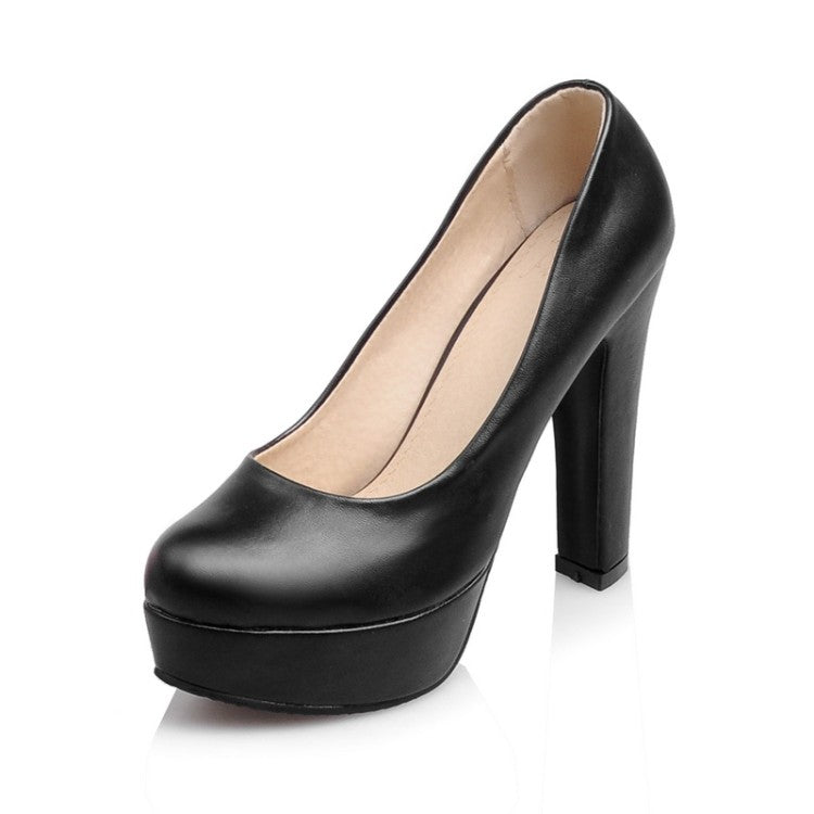 Ladies Pu Leather Round Toe Chunky Heel Platform Pumps