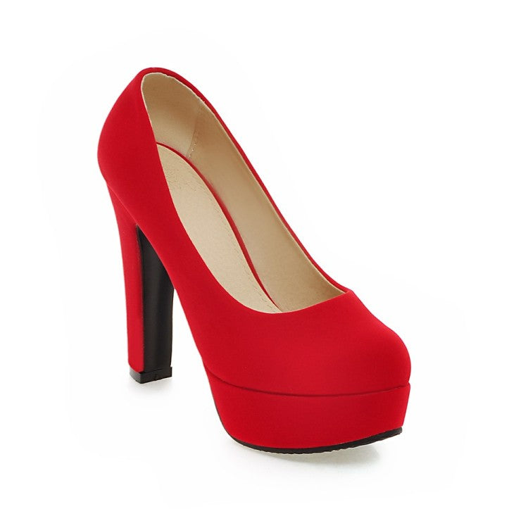 Ladies High Heeled Suede Round Toe Chunky Heel Platform Pumps