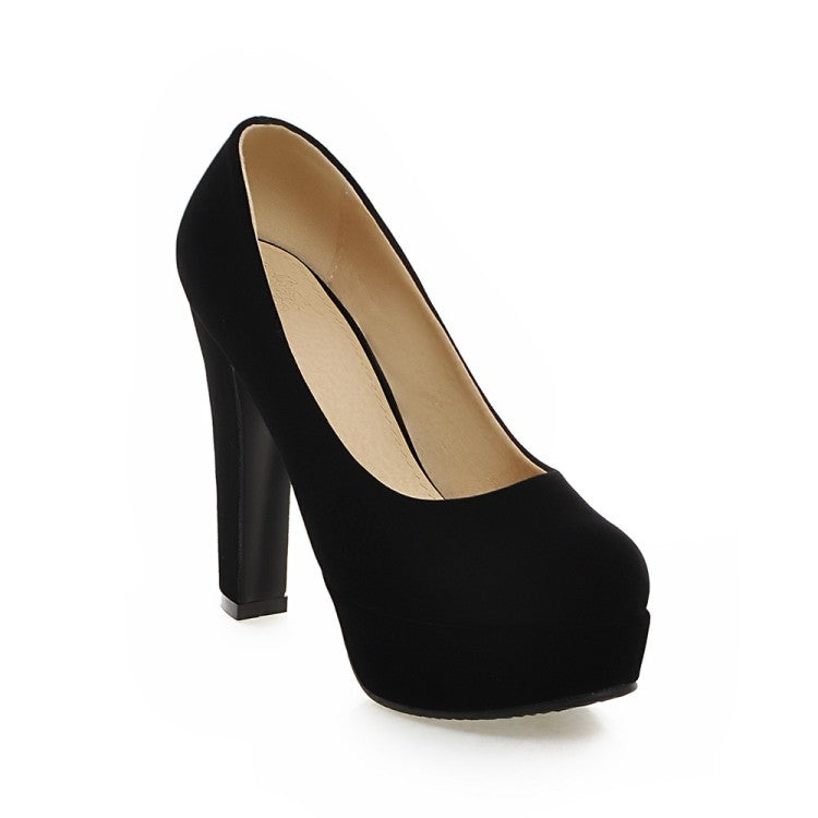 Ladies High Heeled Suede Round Toe Chunky Heel Platform Pumps