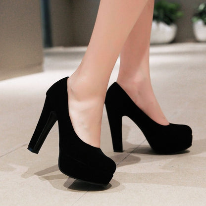 Ladies High Heeled Suede Round Toe Chunky Heel Platform Pumps