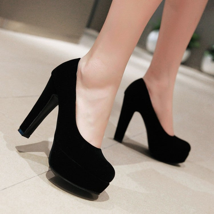 Ladies High Heeled Suede Round Toe Chunky Heel Platform Pumps