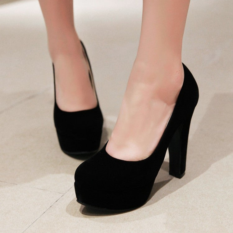 Ladies High Heeled Suede Round Toe Chunky Heel Platform Pumps