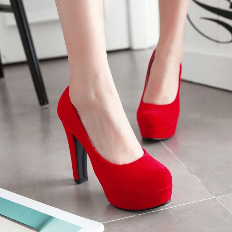 Ladies High Heeled Suede Round Toe Chunky Heel Platform Pumps