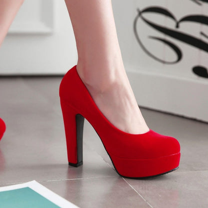 Ladies High Heeled Suede Round Toe Chunky Heel Platform Pumps