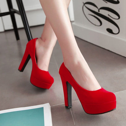 Ladies High Heeled Suede Round Toe Chunky Heel Platform Pumps