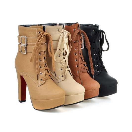 Ladies Pu Leather Round Toe Tied Belts Buckles Chunky Heel Platform Short Boots