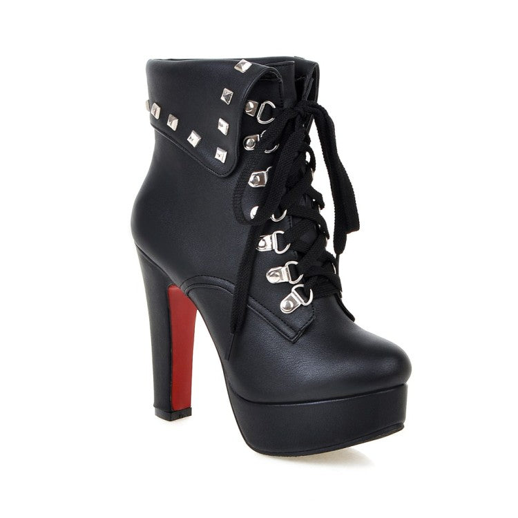 Ladies Pu Leather Round Toe Rivets Tied Belts Chunky Heel Platform Short Boots