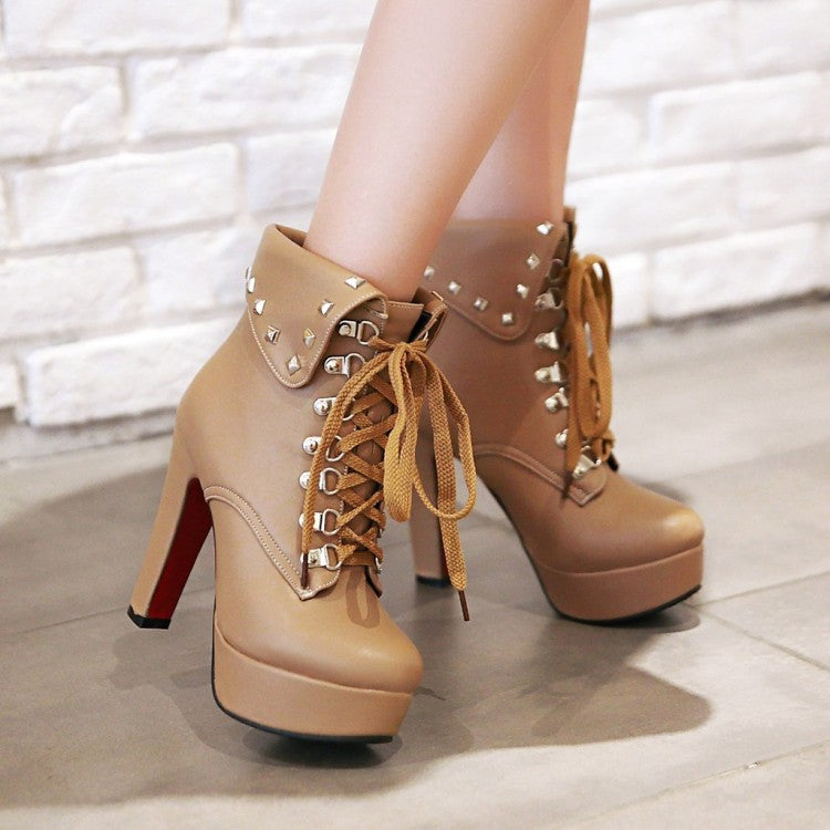 Ladies Pu Leather Round Toe Rivets Tied Belts Chunky Heel Platform Short Boots