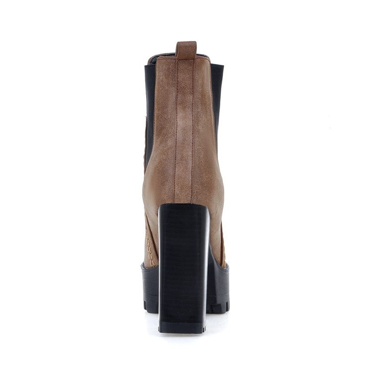 Ladies Frosted Pu Leather Round Toe Block Heel Platform Short Boots