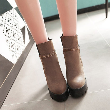 Ladies Frosted Pu Leather Round Toe Block Heel Platform Short Boots