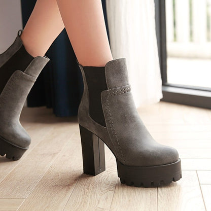 Ladies Frosted Pu Leather Round Toe Block Heel Platform Short Boots