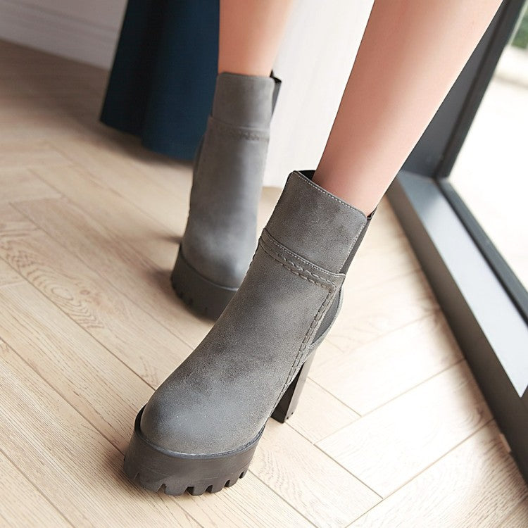 Ladies Frosted Pu Leather Round Toe Block Heel Platform Short Boots