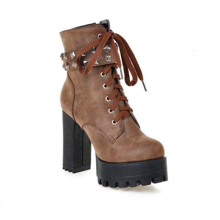 Ladies Retro Pu Leather Round Toe Tied Belts Rivets Block Heel Platform Short Boots