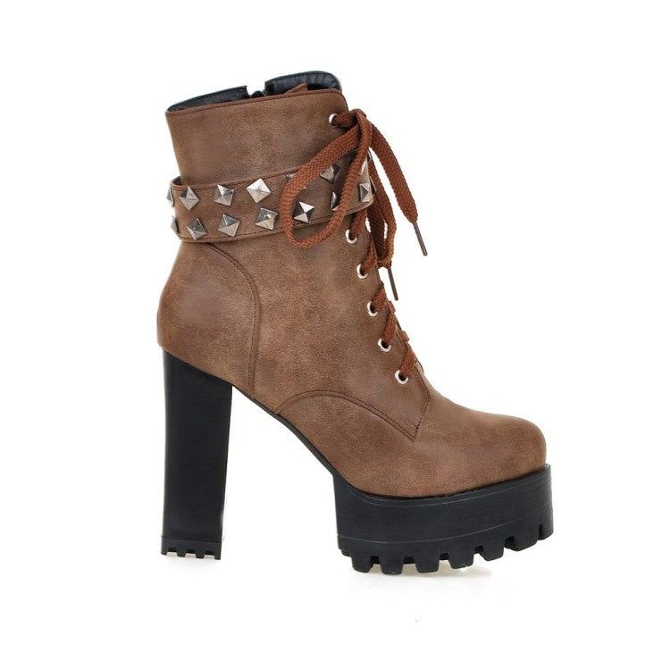 Ladies Retro Pu Leather Round Toe Tied Belts Rivets Block Heel Platform Short Boots