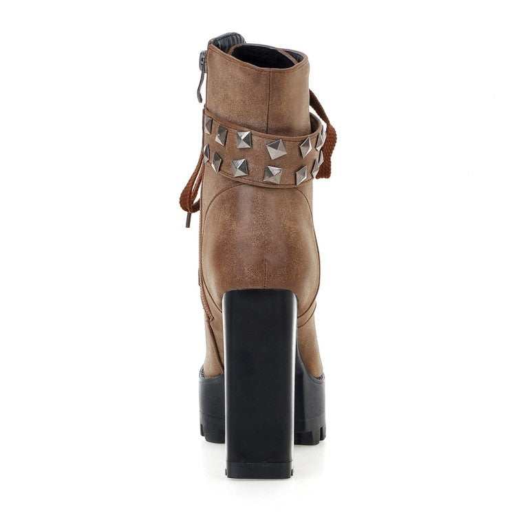 Ladies Retro Pu Leather Round Toe Tied Belts Rivets Block Heel Platform Short Boots