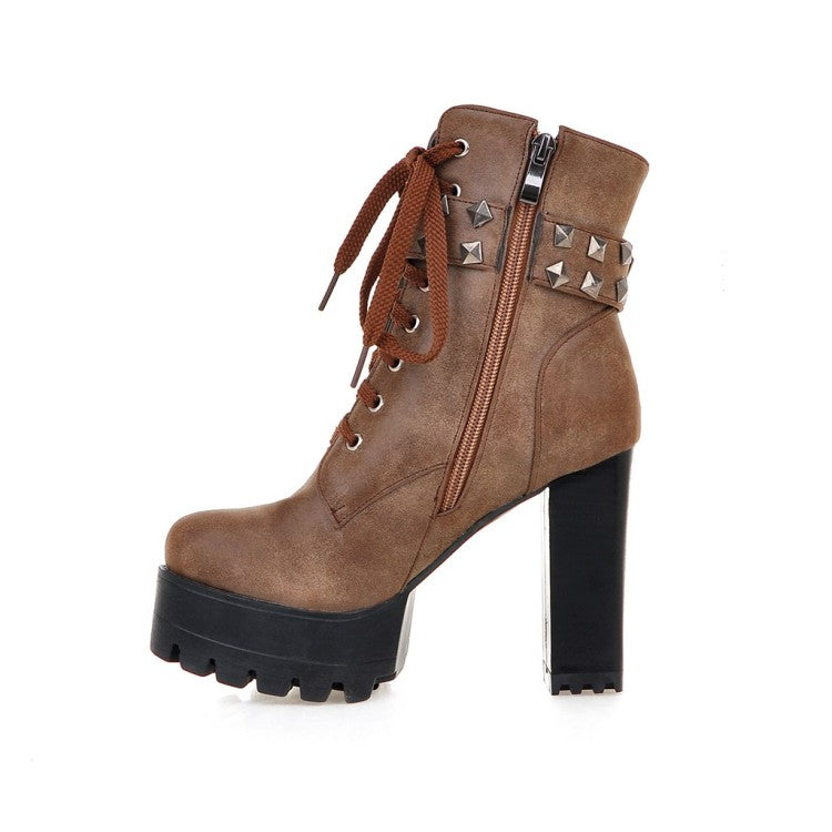 Ladies Retro Pu Leather Round Toe Tied Belts Rivets Block Heel Platform Short Boots