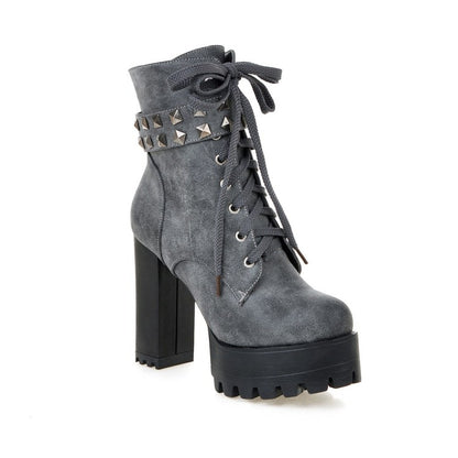 Ladies Retro Pu Leather Round Toe Tied Belts Rivets Block Heel Platform Short Boots