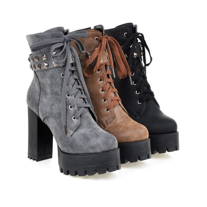 Ladies Retro Pu Leather Round Toe Tied Belts Rivets Block Heel Platform Short Boots