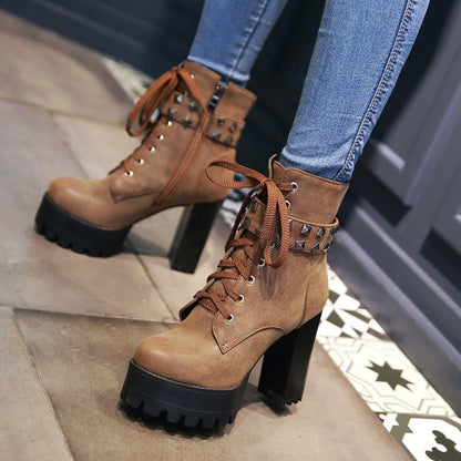 Ladies Retro Pu Leather Round Toe Tied Belts Rivets Block Heel Platform Short Boots