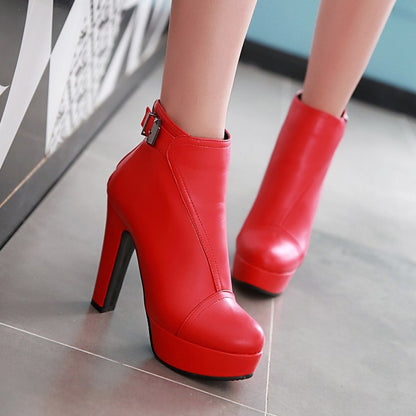 Ladies Pu Leather Round Toe Stitching Belts Buckles Chunky Heel Platform Short Boots