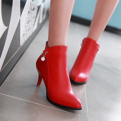 Pu Leather Pointed Toe Rhinestone Kitten Heel Short Boots for Women
