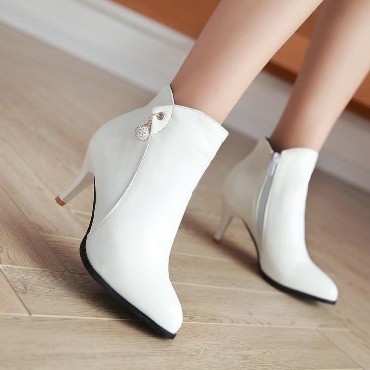 Pu Leather Pointed Toe Rhinestone Kitten Heel Short Boots for Women