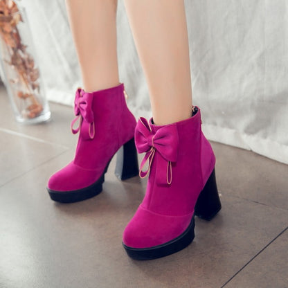 Round Toe Bow Tie Back Zippers Block Chunky Heel Platform Short Boots for Women