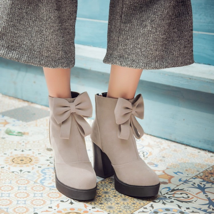 Round Toe Bow Tie Back Zippers Block Chunky Heel Platform Short Boots for Women