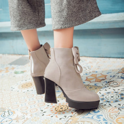 Round Toe Bow Tie Back Zippers Block Chunky Heel Platform Short Boots for Women