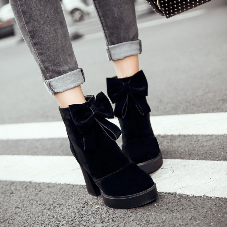 Round Toe Bow Tie Back Zippers Block Chunky Heel Platform Short Boots for Women