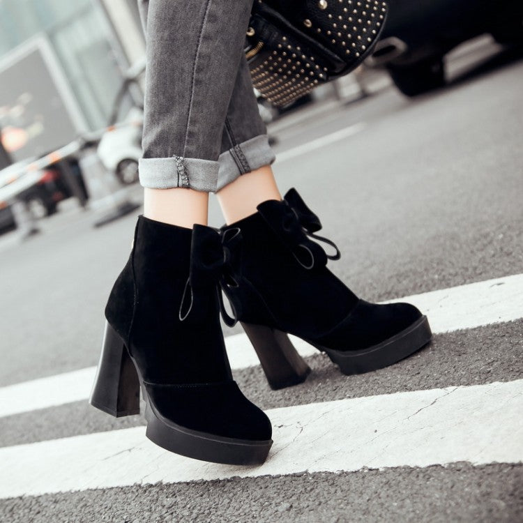 Round Toe Bow Tie Back Zippers Block Chunky Heel Platform Short Boots for Women