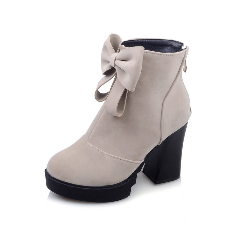 Round Toe Bow Tie Back Zippers Block Chunky Heel Platform Short Boots for Women