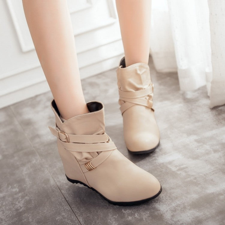 Pu Leather Round Toe Crossed Buckle Straps Wedge Heel Short Boots for Women