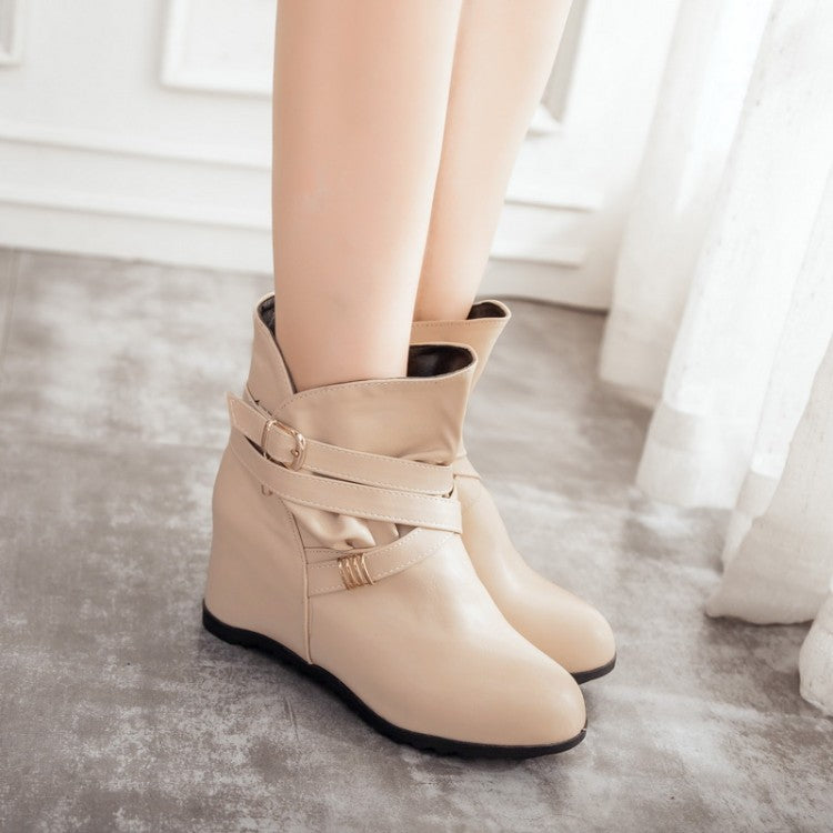 Pu Leather Round Toe Crossed Buckle Straps Wedge Heel Short Boots for Women