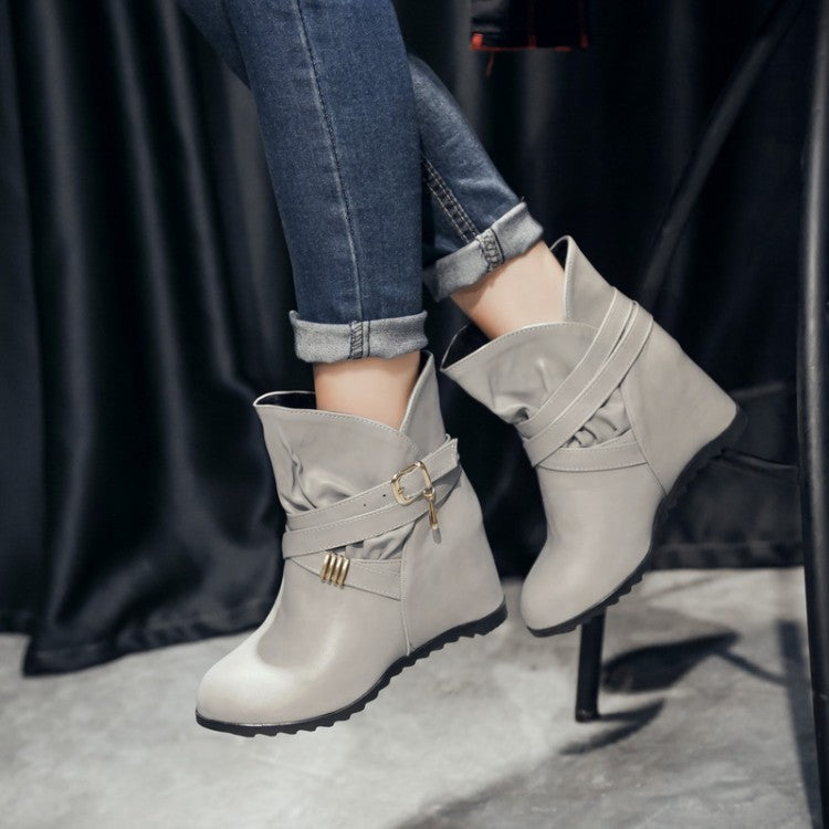 Pu Leather Round Toe Crossed Buckle Straps Wedge Heel Short Boots for Women