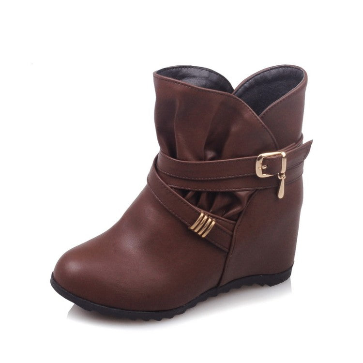 Pu Leather Round Toe Crossed Buckle Straps Wedge Heel Short Boots for Women