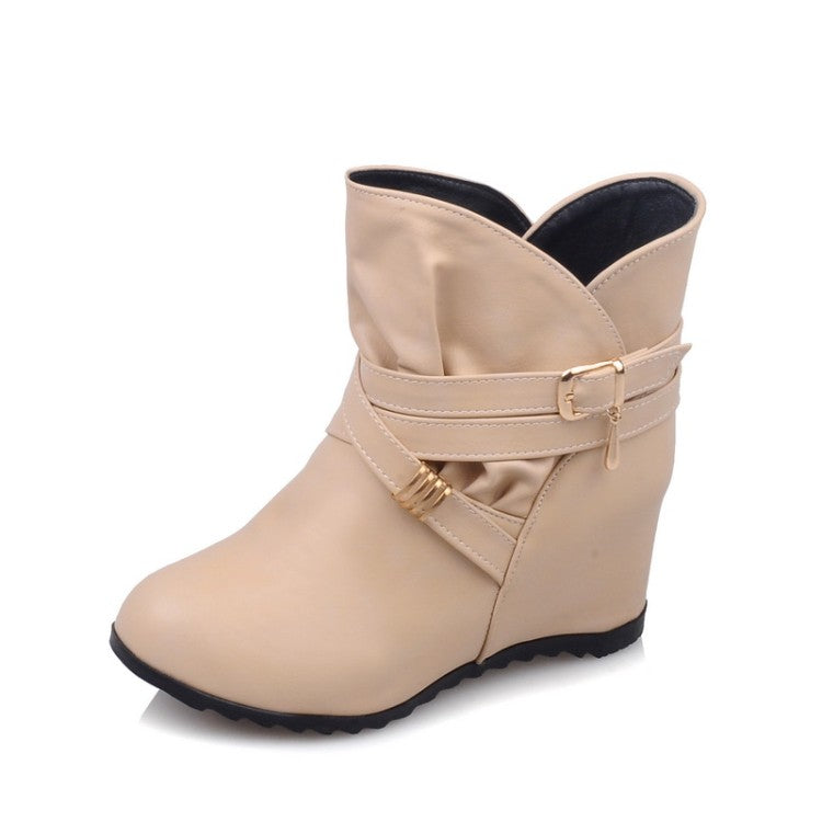 Pu Leather Round Toe Crossed Buckle Straps Wedge Heel Short Boots for Women