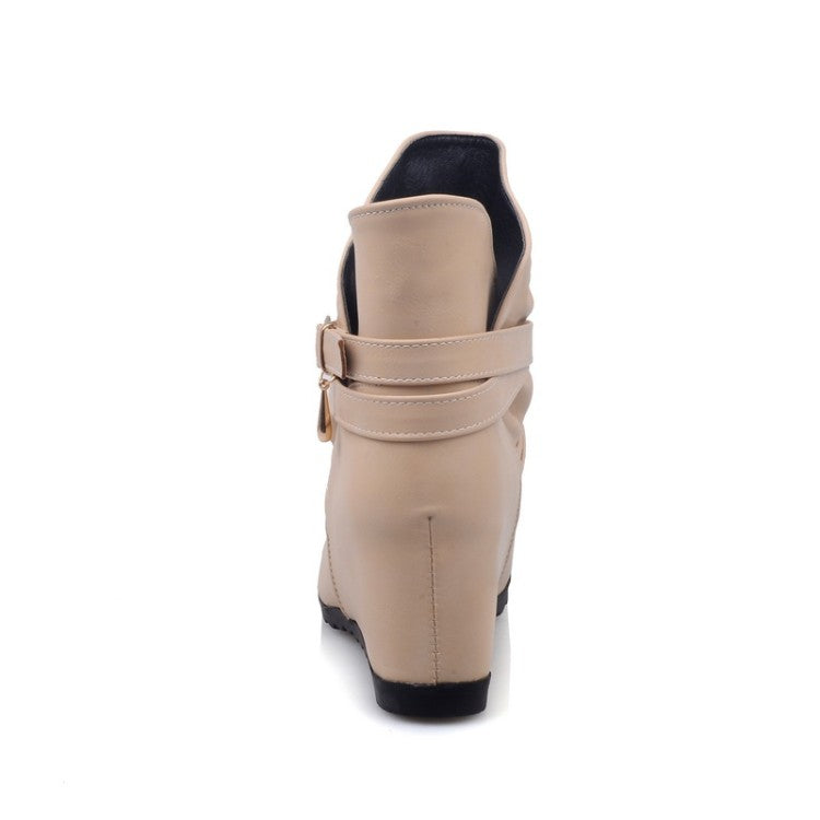 Pu Leather Round Toe Crossed Buckle Straps Wedge Heel Short Boots for Women