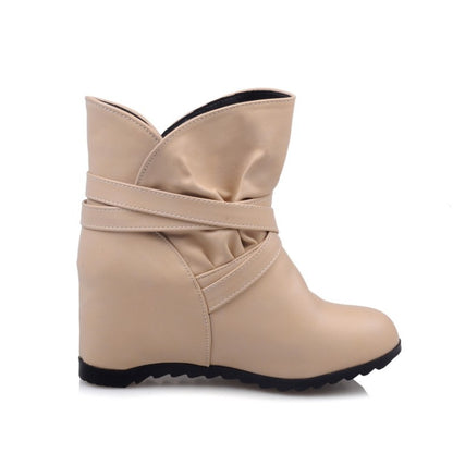 Pu Leather Round Toe Crossed Buckle Straps Wedge Heel Short Boots for Women