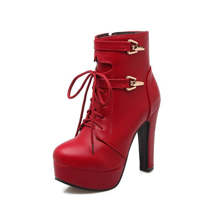 Pu Leather Almond Toe Lace Up Side Zippers Block Chunky Heel Platform Short Boots for Women