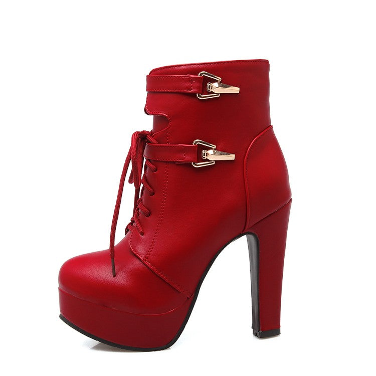 Pu Leather Almond Toe Lace Up Side Zippers Block Chunky Heel Platform Short Boots for Women