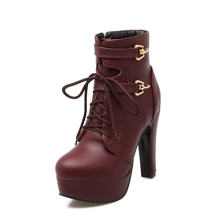 Pu Leather Almond Toe Lace Up Side Zippers Block Chunky Heel Platform Short Boots for Women