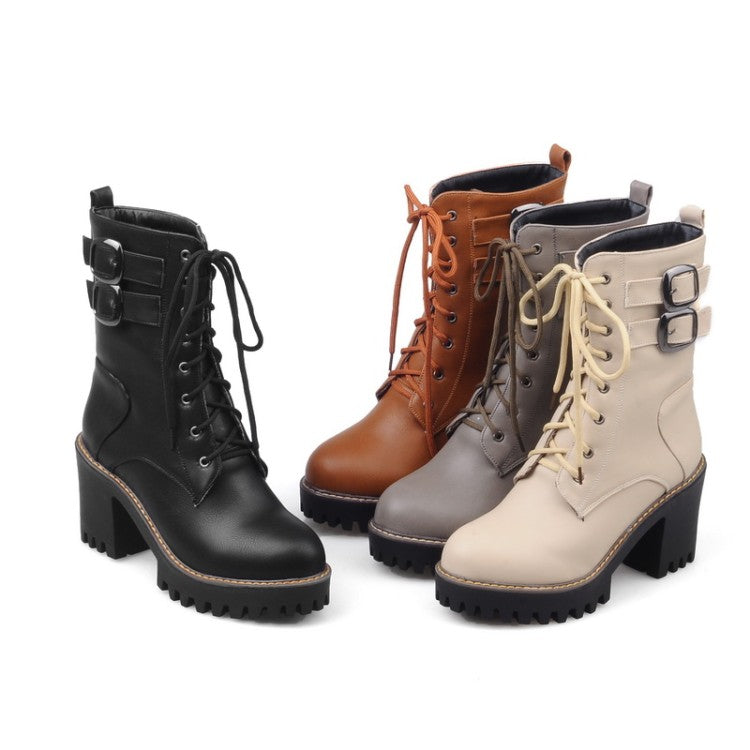 Pu Leather Almond Toe Lace Up Buckle Straps Block Heel Platform Ankle Boots for Women