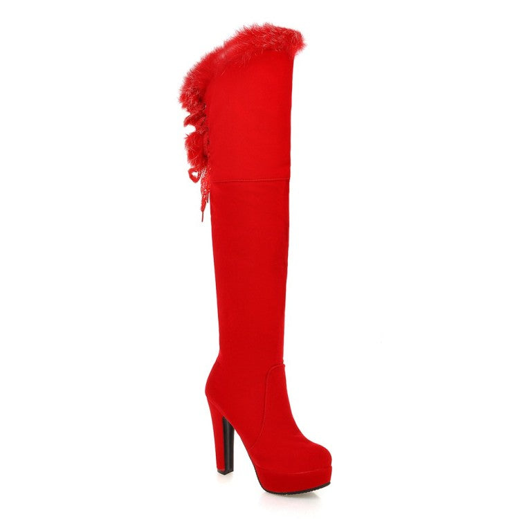 Ladies Suede Round Toe Fur Zipper Platform Chunky Heel Knee High Boots