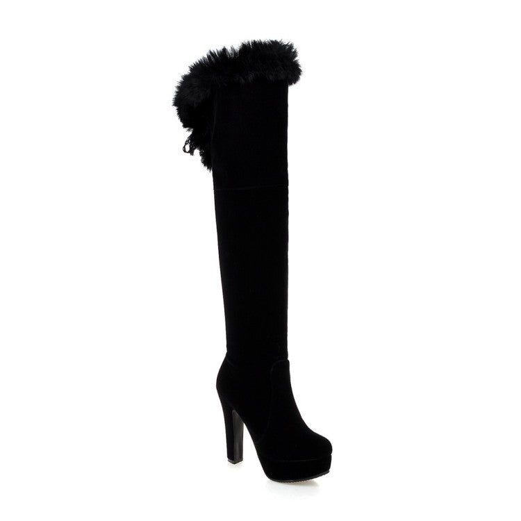 Ladies Suede Round Toe Fur Zipper Platform Chunky Heel Knee High Boots