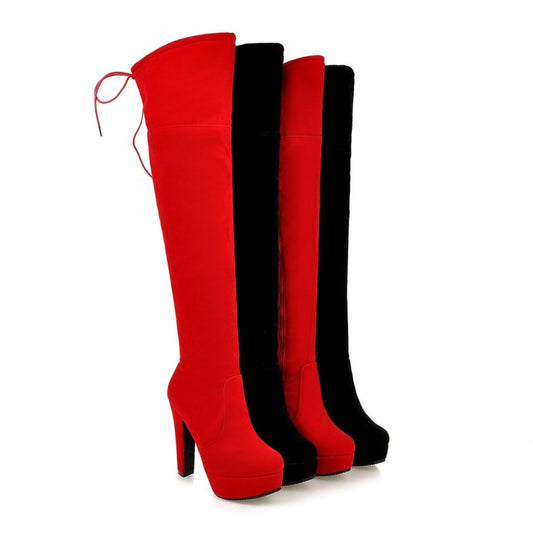 Ladies Suede Round Toe Back Tied Side Zipper Platform Chunky Heel Over the Knee Boots